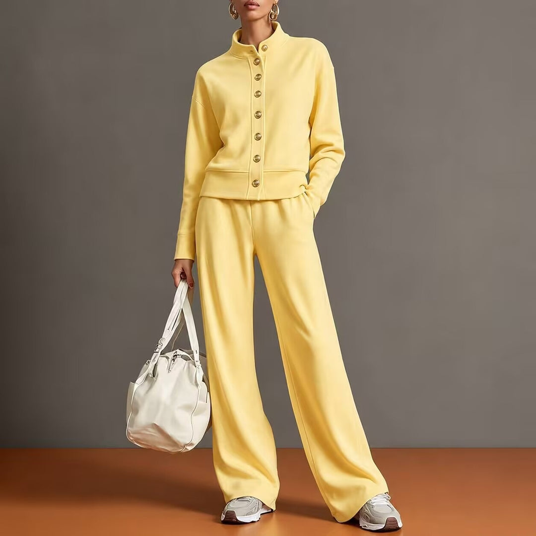 New solid-color stand-collar sweatshirt and wide-leg pants set