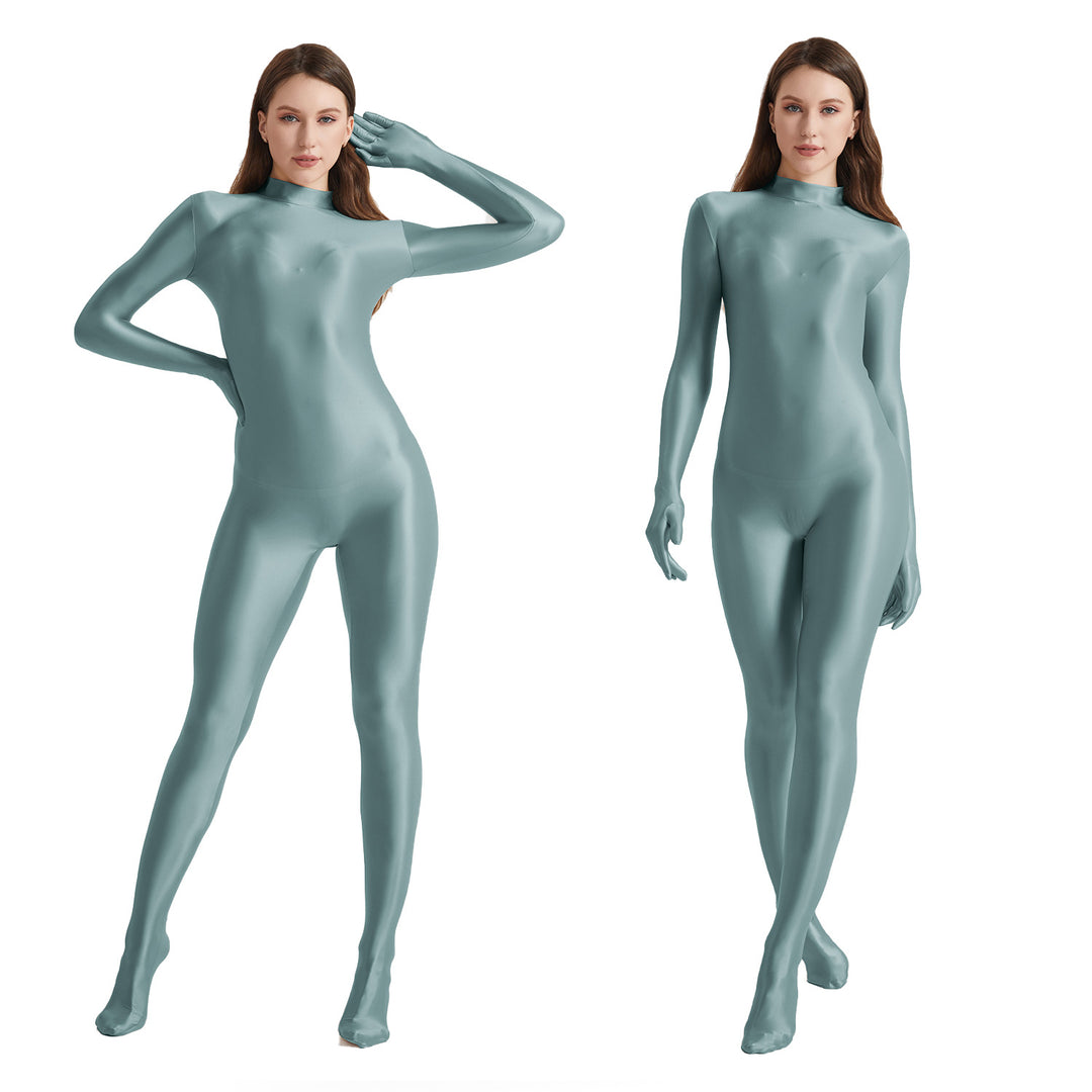 High-Neck Stretchy Glossy Yoga Bodysuit