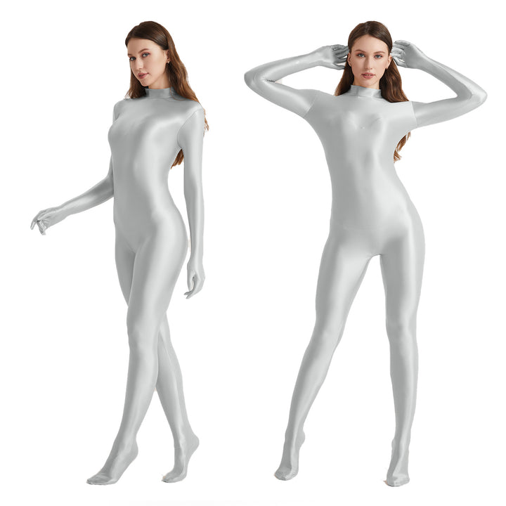 High-Neck Stretchy Glossy Yoga Bodysuit