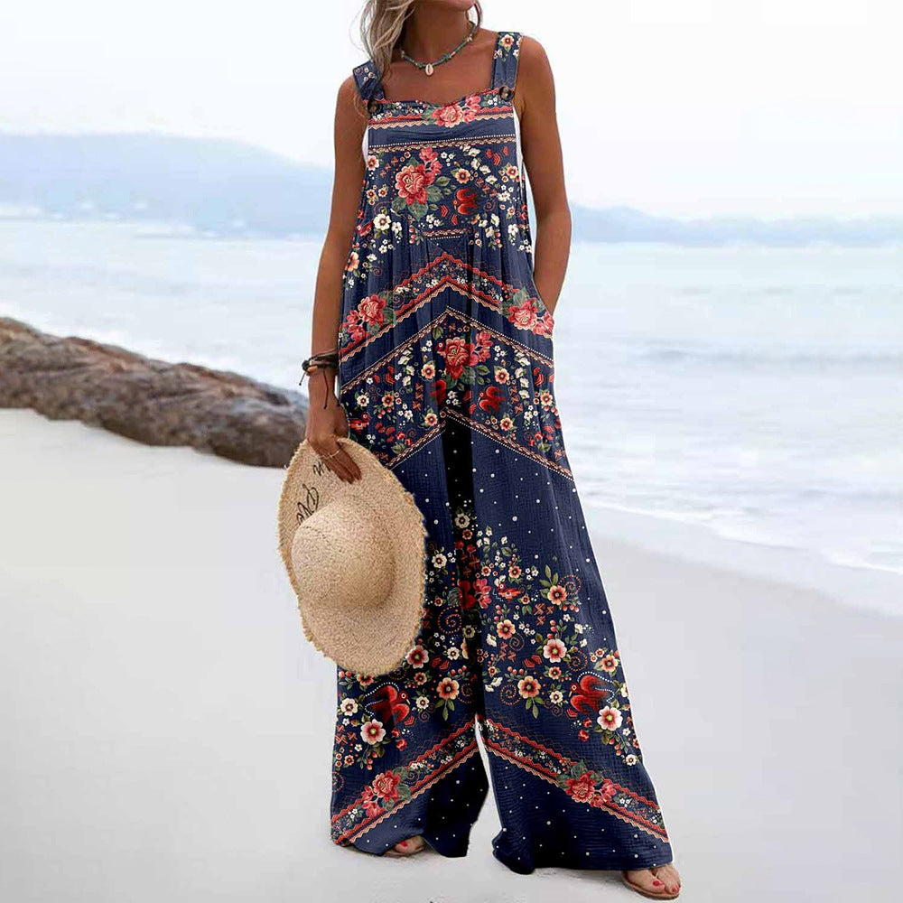 Trendy Printed Wide-Leg Straight-Cut Camisole Jumpsuit