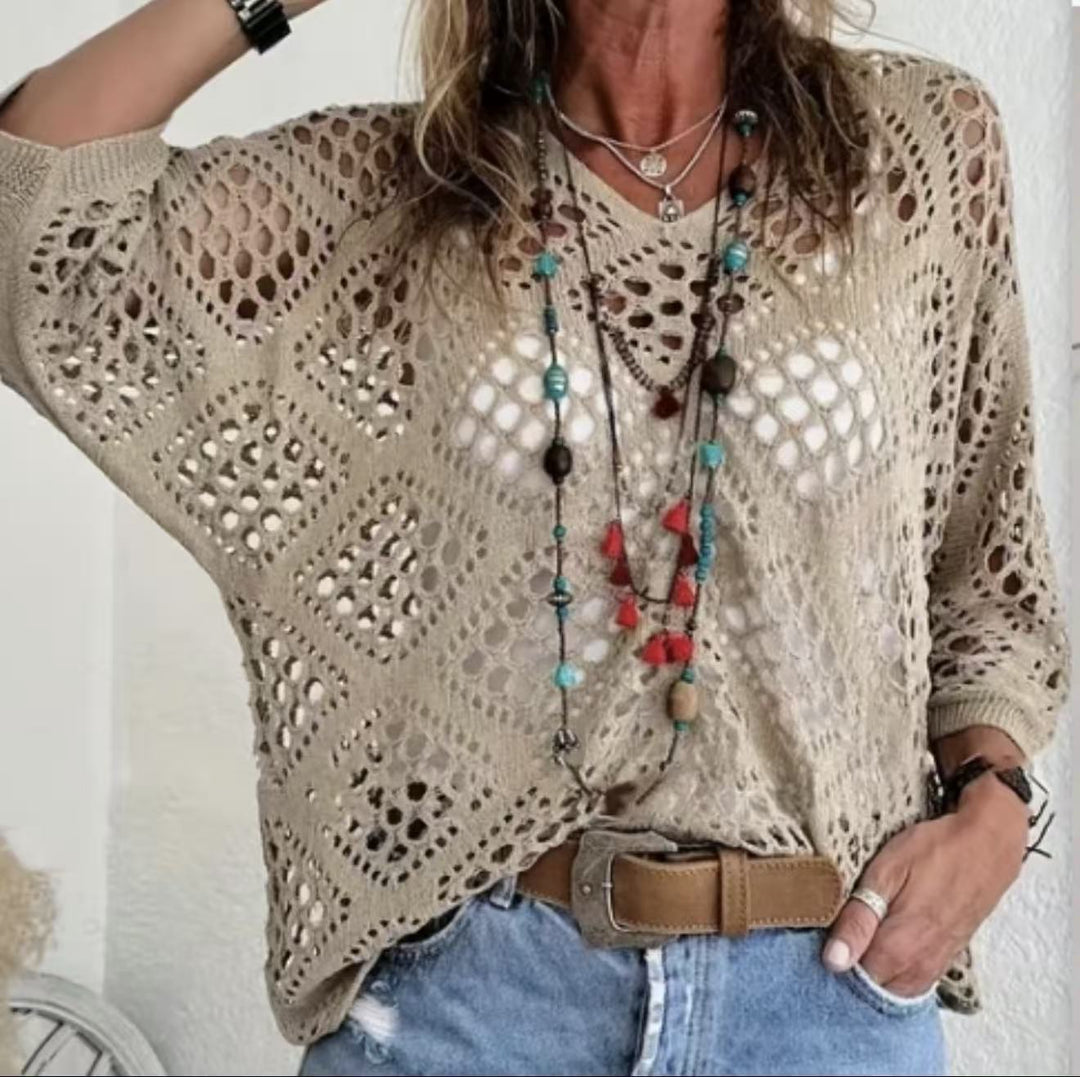 Spring/Summer V-neck batwing-sleeve knit pullover