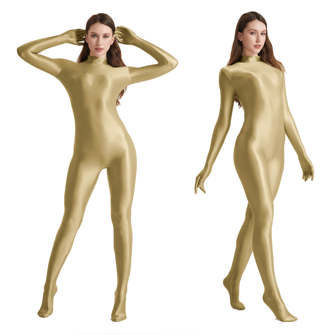 High-Neck Stretchy Glossy Yoga Bodysuit