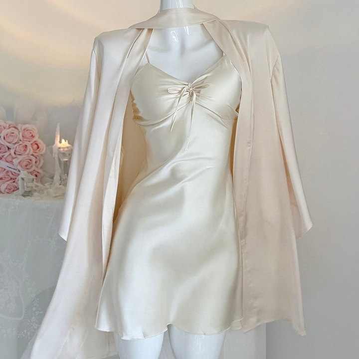 Ice-silk and lace camisole nightdress, featuring built-in pads and a bow detail