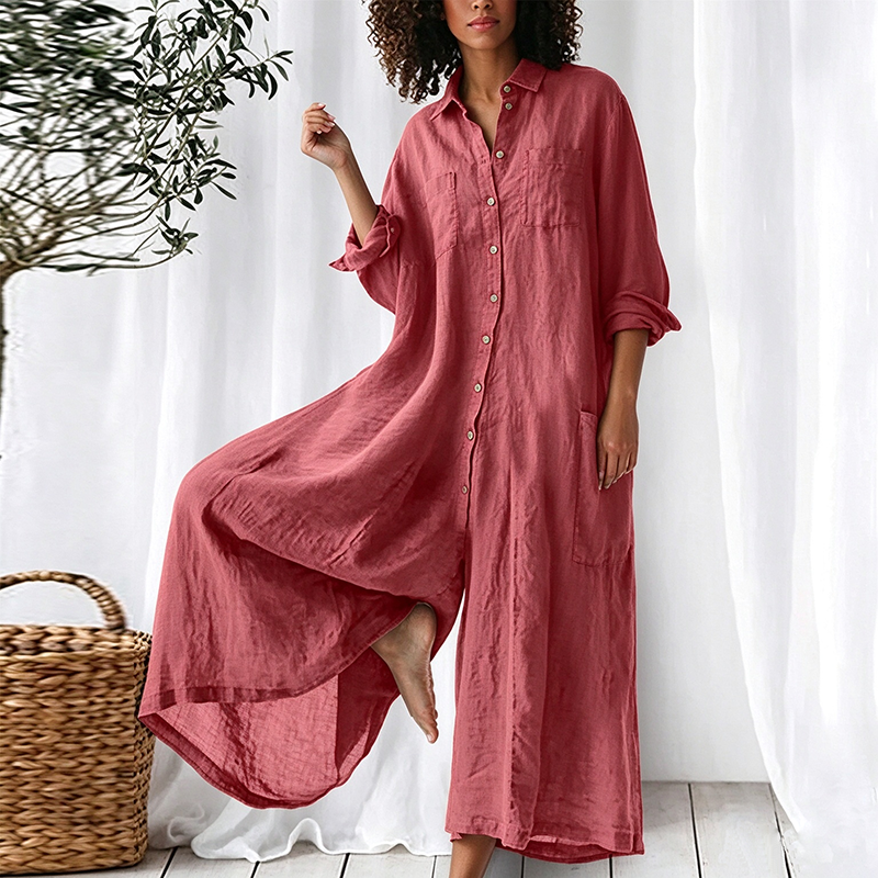 Solid-color mid-length cotton-linen shirt-style jumpsuit