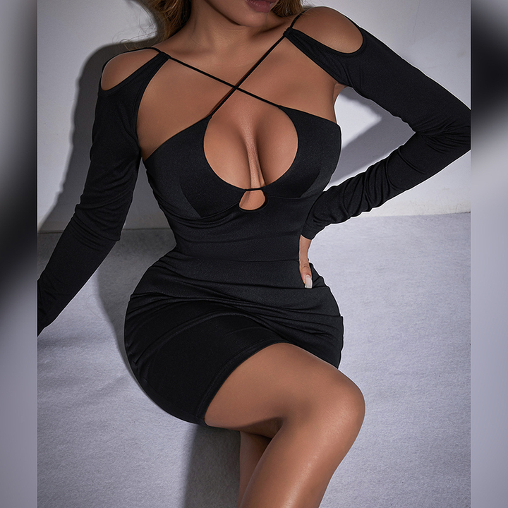 New Backless Solid-Color Long-Sleeve Dress