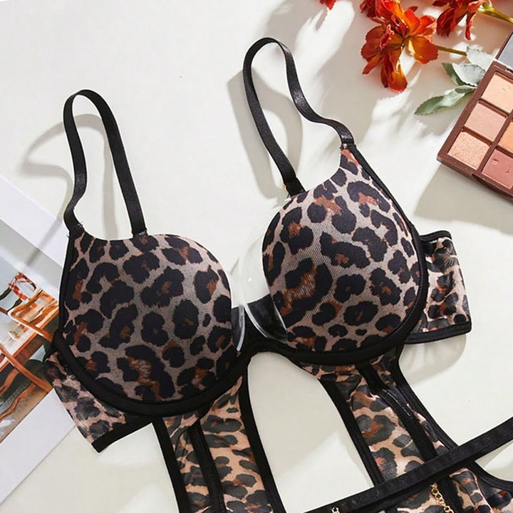 Leopard-Print Bodysuit with Metal Chain Accents