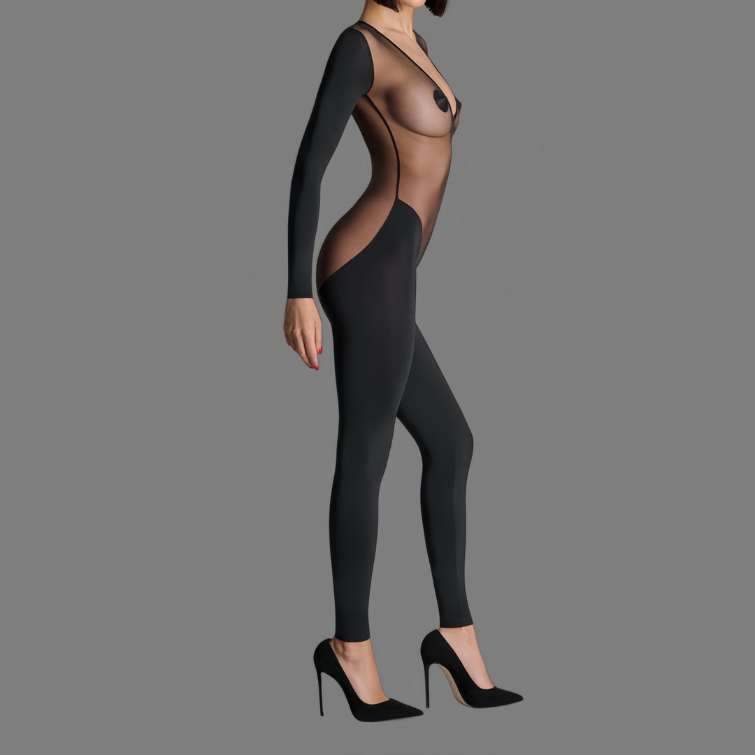 New style low-cut long-sleeved sheer jumpsuit