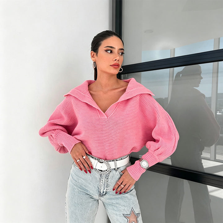 Open-collar loose-fit cropped pullover sweater