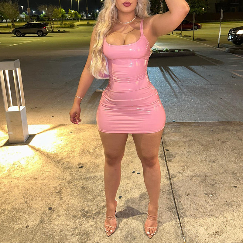 Sexy strapless PU leather hip-hugging skirt