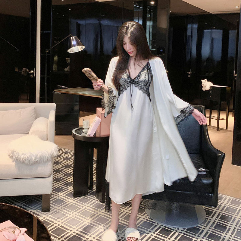 Lightweight ice-silk camisole nightgown, paired with a matching robe.