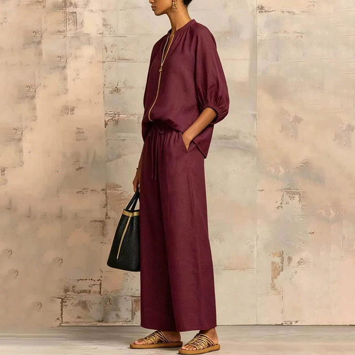 New Loose, Stylish Resort-Style Zip-Neck Wide-Leg Pant Set