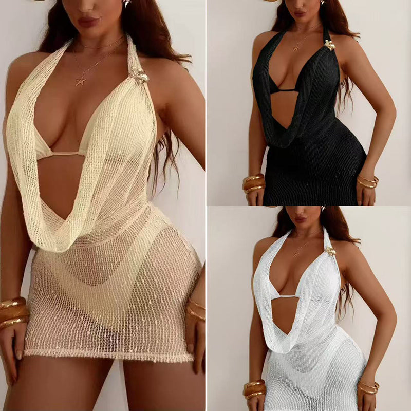 Nouvelle mini-robe dos nu en résille (ensemble trois pièces)