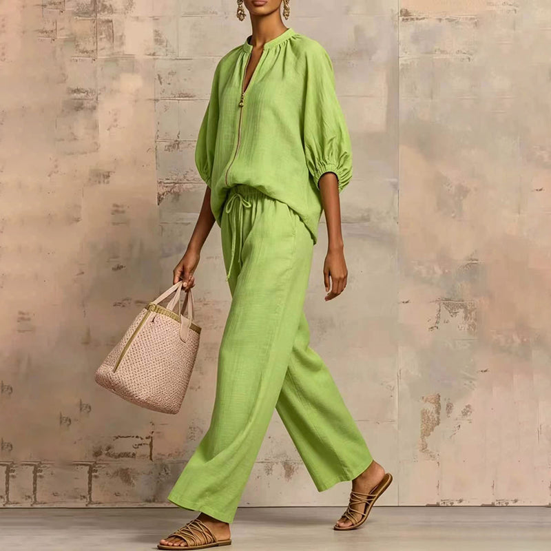 New Loose, Stylish Resort-Style Zip-Neck Wide-Leg Pant Set