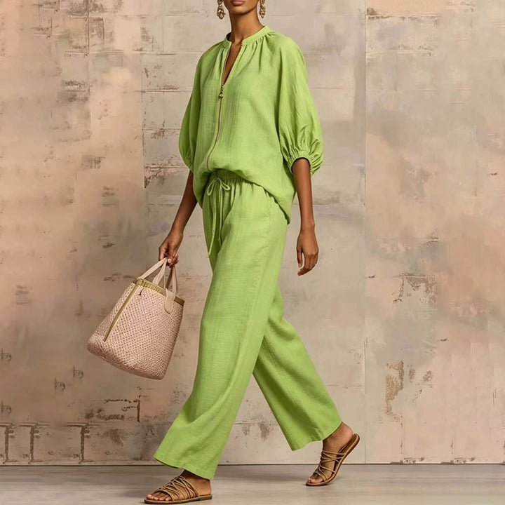 New Loose, Stylish Resort-Style Zip-Neck Wide-Leg Pant Set