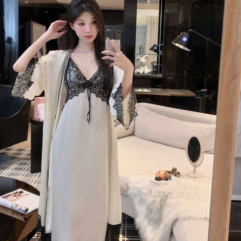 Lightweight ice-silk camisole nightgown, paired with a matching robe.