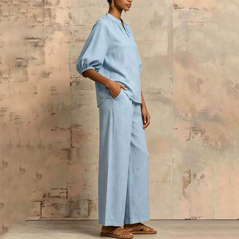 New Loose, Stylish Resort-Style Zip-Neck Wide-Leg Pant Set
