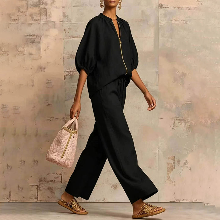 New Loose, Stylish Resort-Style Zip-Neck Wide-Leg Pant Set