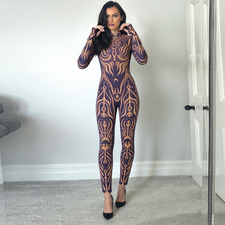 New Autumn Fashionable Printed Crew-Neck Jumpsuit