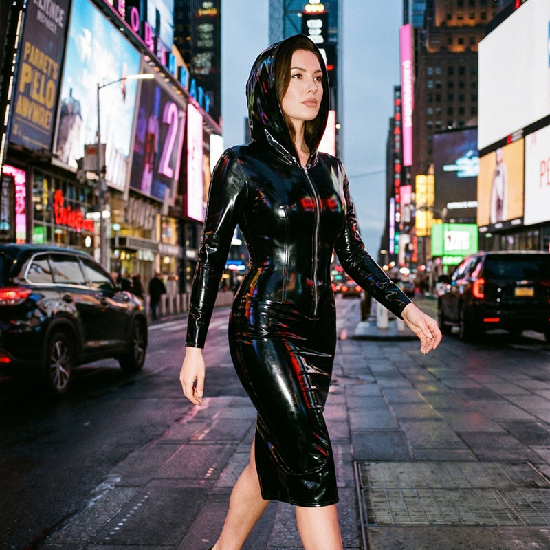 Fitted Long-Sleeve PU Leather Dress