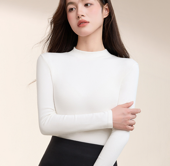 High-neck cotton top + leather skirt