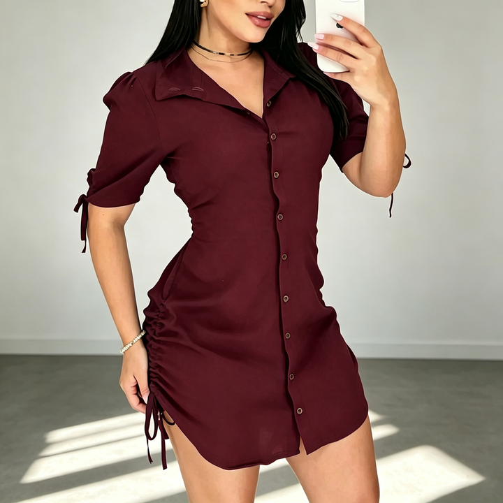 New stylish solid-color short-sleeve drawstring shirt dress