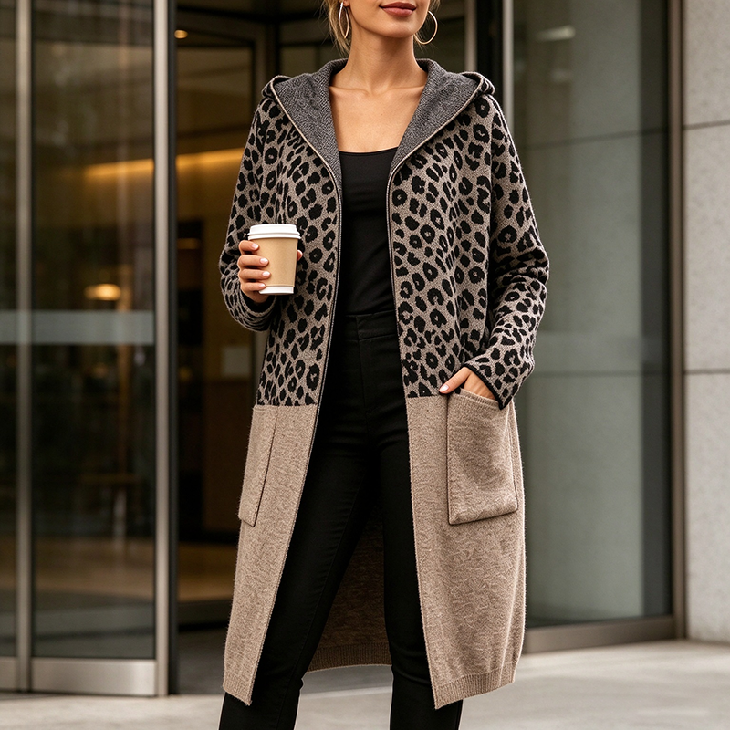 Stylish Leopard-Print Hooded Knit Cardigan (Mid-Length)