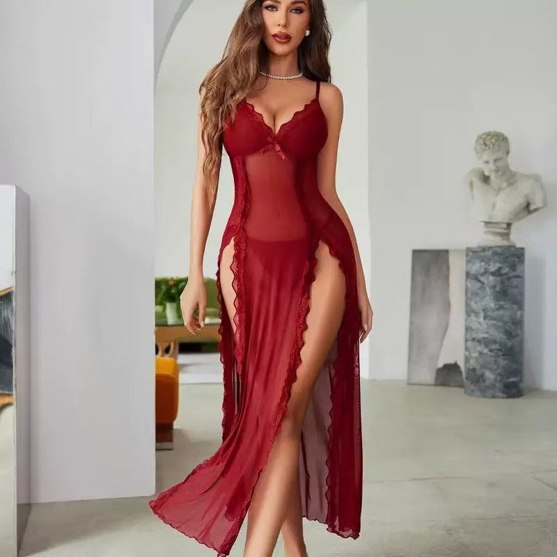 Sexy lingerie see-through maxi skirt thong two-piece set