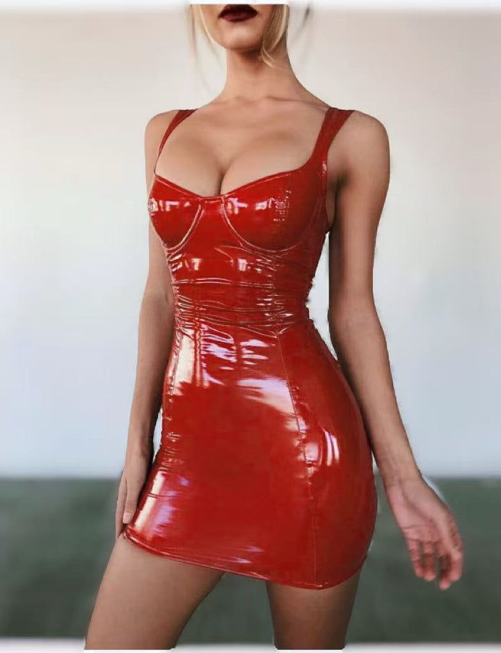 Sexy PU leather strapless glossy waist-cinching dress
