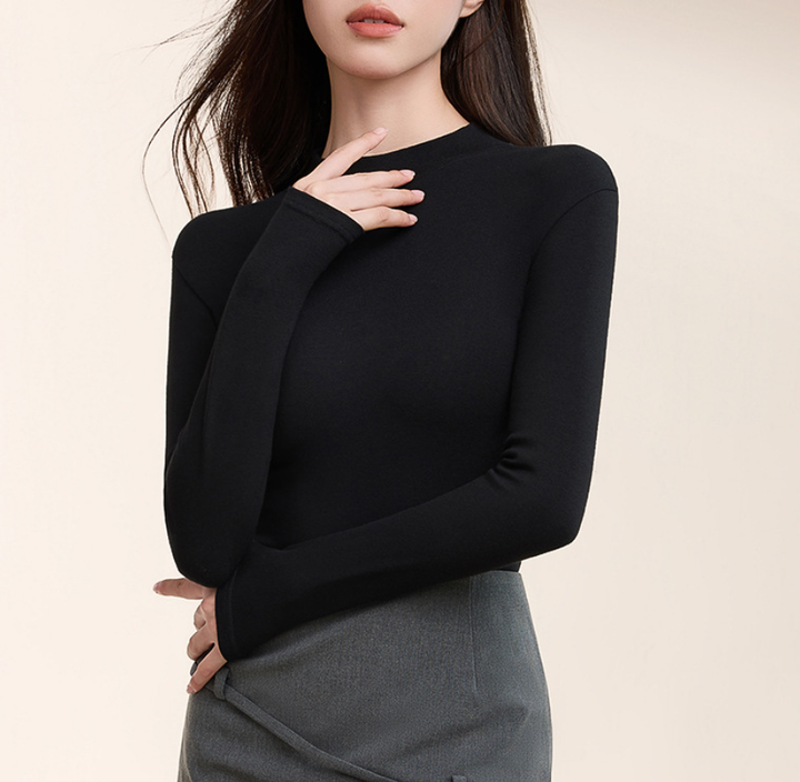 High-neck cotton top + leather skirt