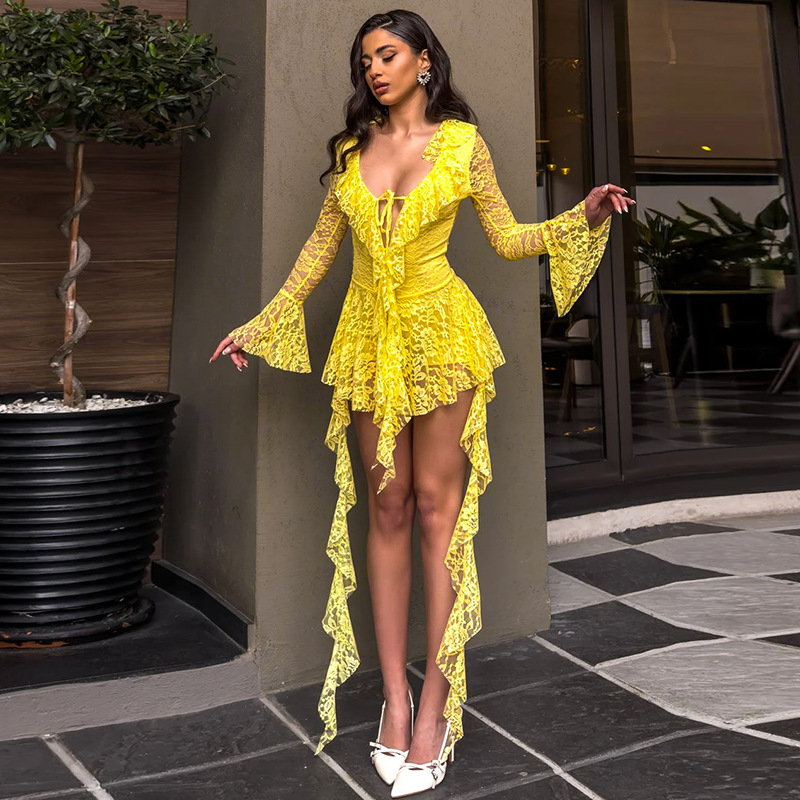 New Lace Deep V-Neck Ruffled Dress