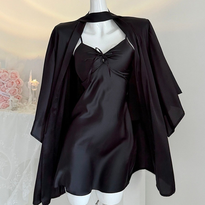 Ice-silk and lace camisole nightdress, featuring built-in pads and a bow detail