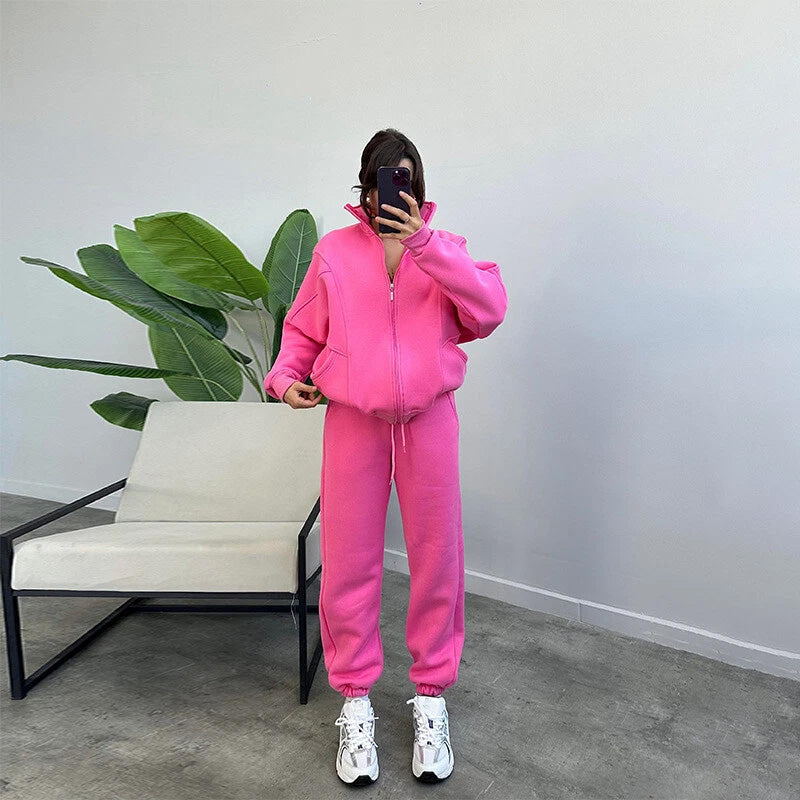 Stylish Solid-Color Long-Sleeve Sweatshirt and Sweatpants Set