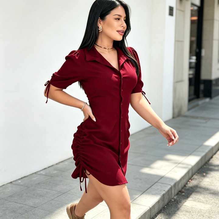 New stylish solid-color short-sleeve drawstring shirt dress