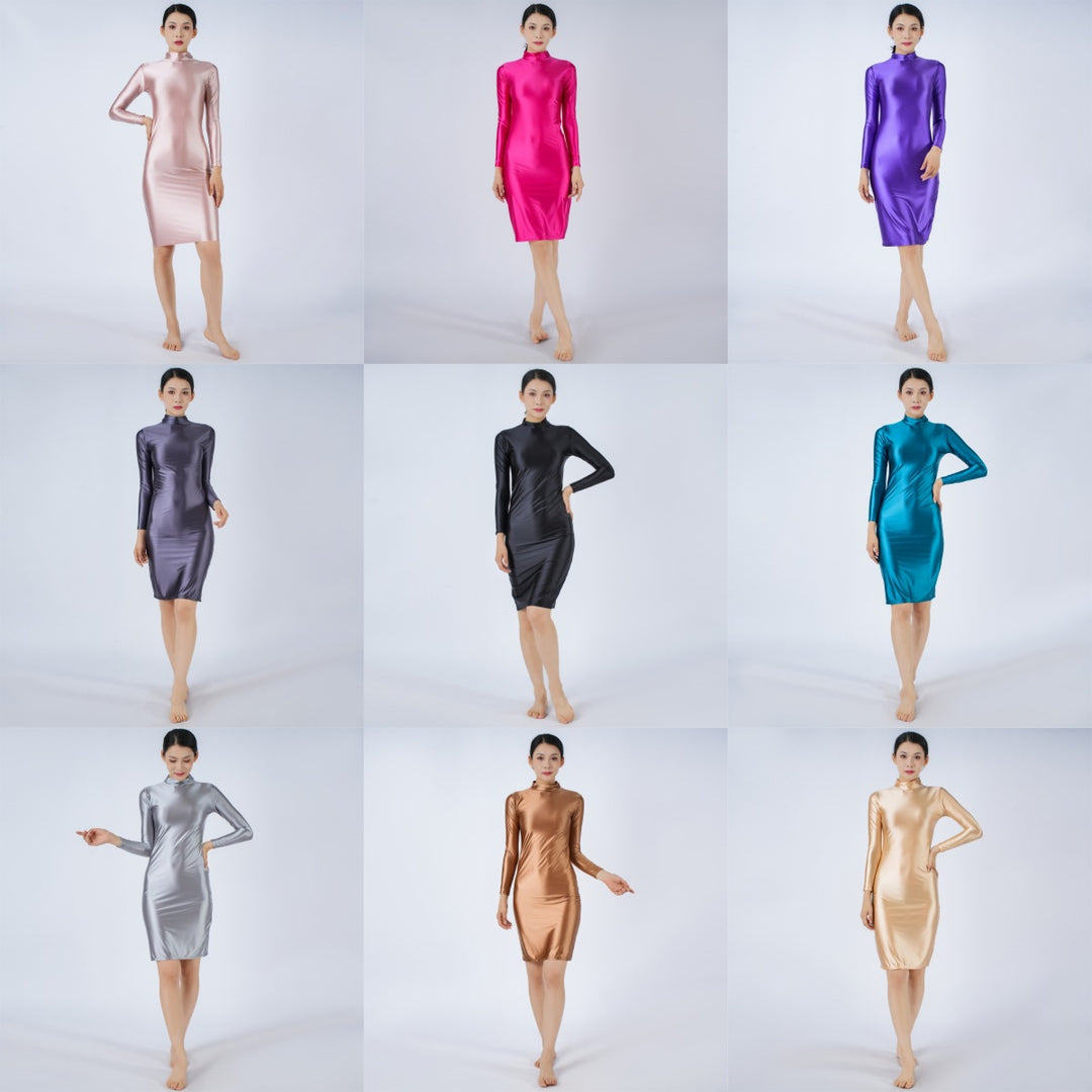 New High-stretch, silky-sheen long-sleeve dress
