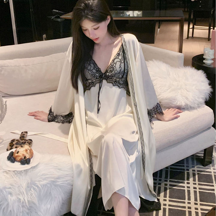Lightweight ice-silk camisole nightgown, paired with a matching robe.