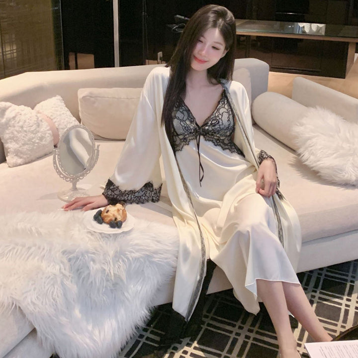 Lightweight ice-silk camisole nightgown, paired with a matching robe.