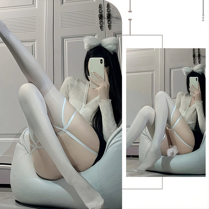 Ultra-sheer, glossy lace-trim hold-up stockings (garter belt included)