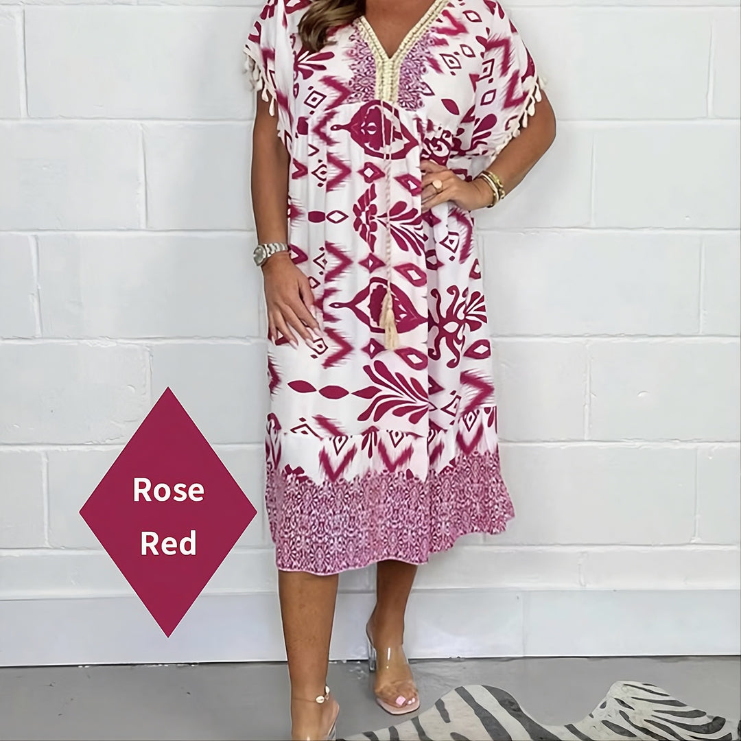 New Summer Fashionable Printed V-Neck Tassel Dress