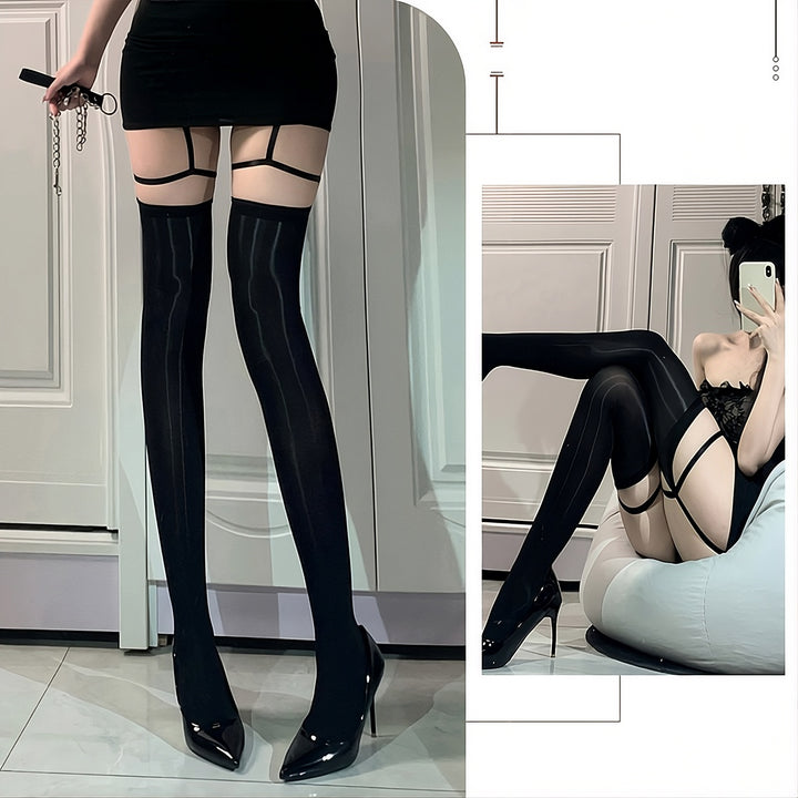 Ultra-sheer, glossy lace-trim hold-up stockings (garter belt included)