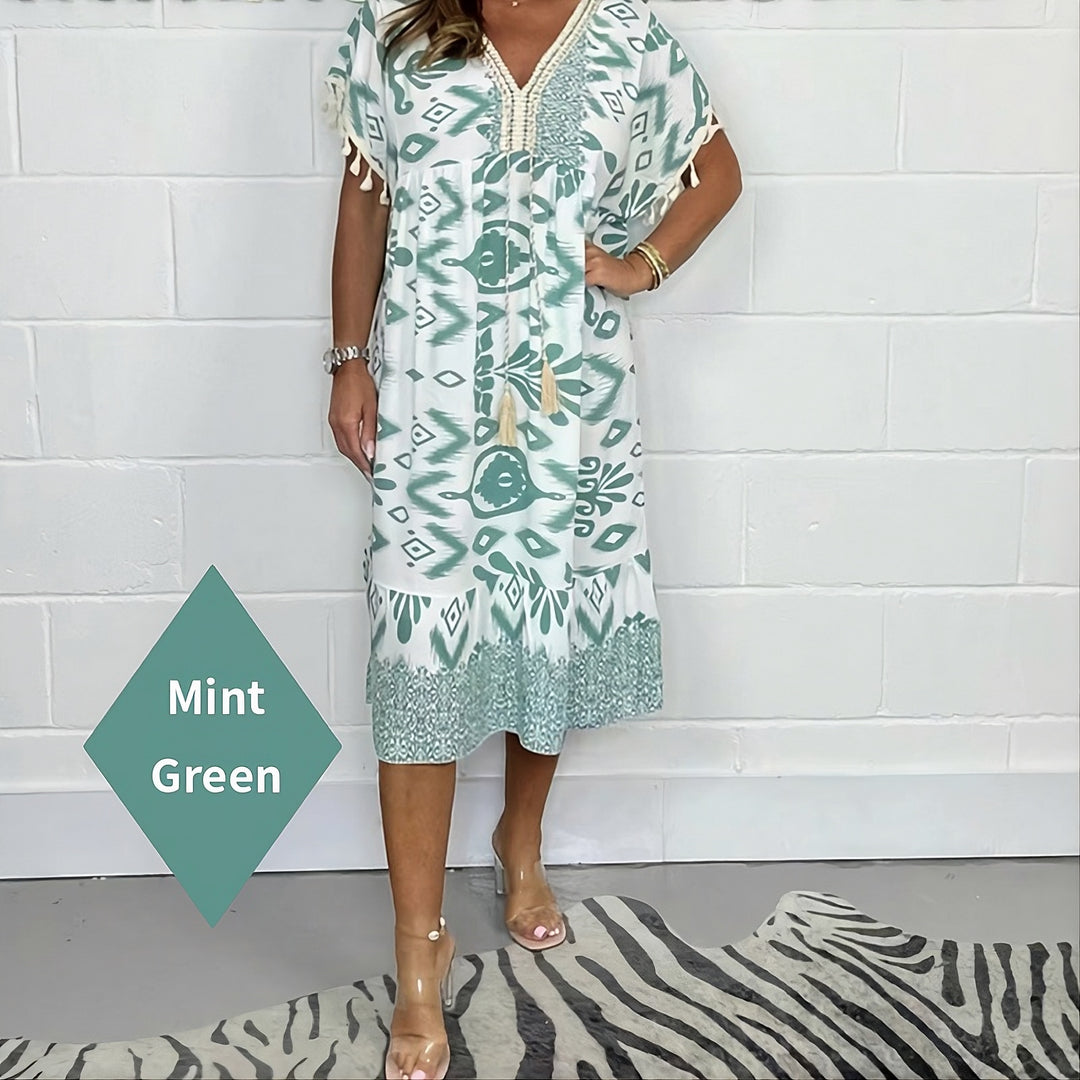 New Summer Fashionable Printed V-Neck Tassel Dress